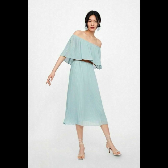 Zara Mint Green Pleated Off Shoulder Midi Dress XS - Picture 1 of 6